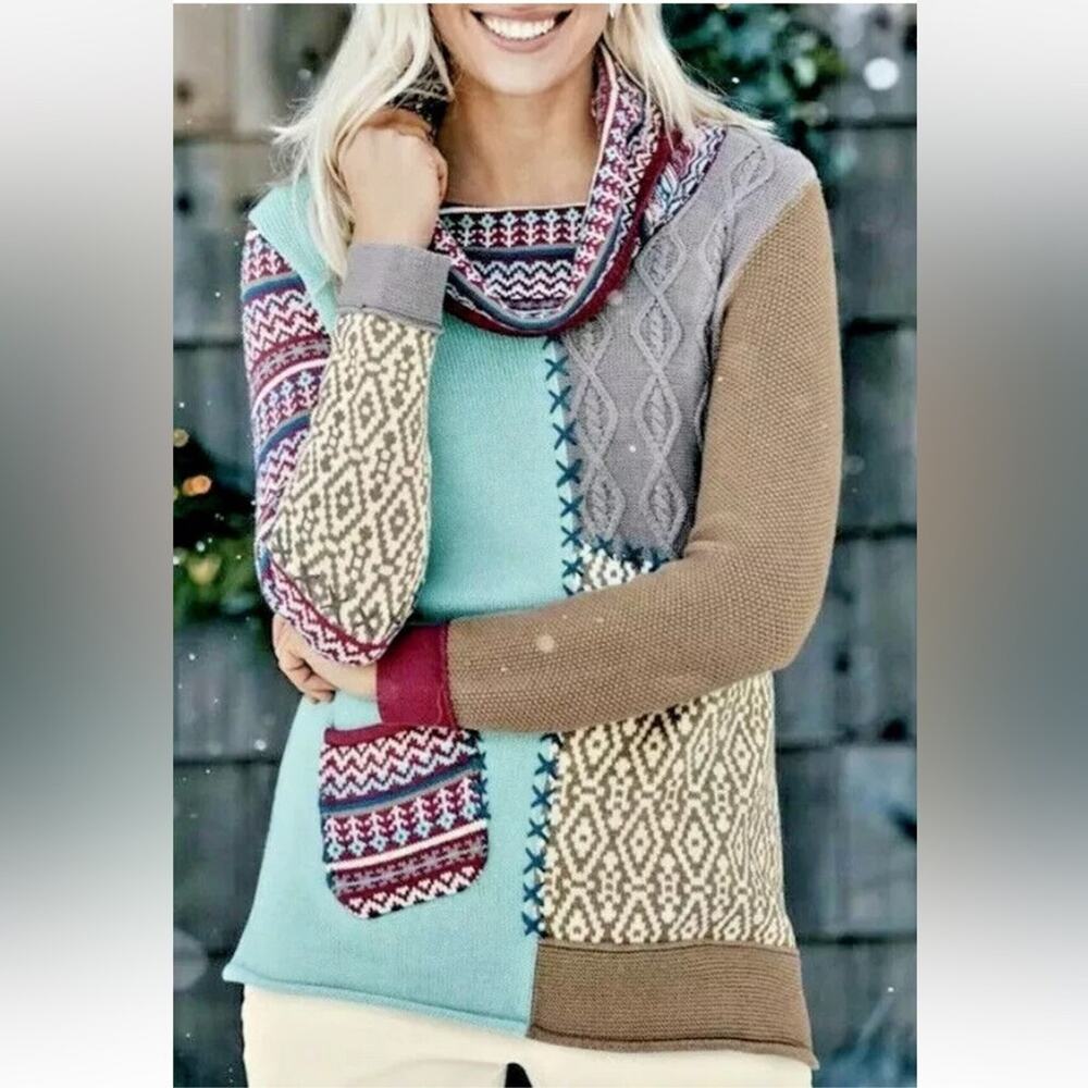 NEW Coldwater Creek Boho Artsy Patchwork Cowl Neck Tunic Sweater - Size M